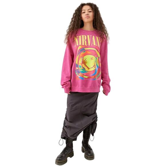 NIRVANA Tops - Nirvana S/M Dyed Sweatshirt Pink UO Oversized Grunge Off-Shoulder Smile Sleeve